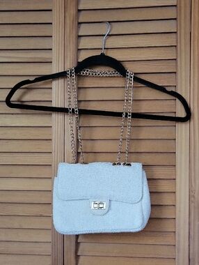 Urban Expressions Cream Tweed Mini Bag Gold Chain Designer Inspired Crossbody